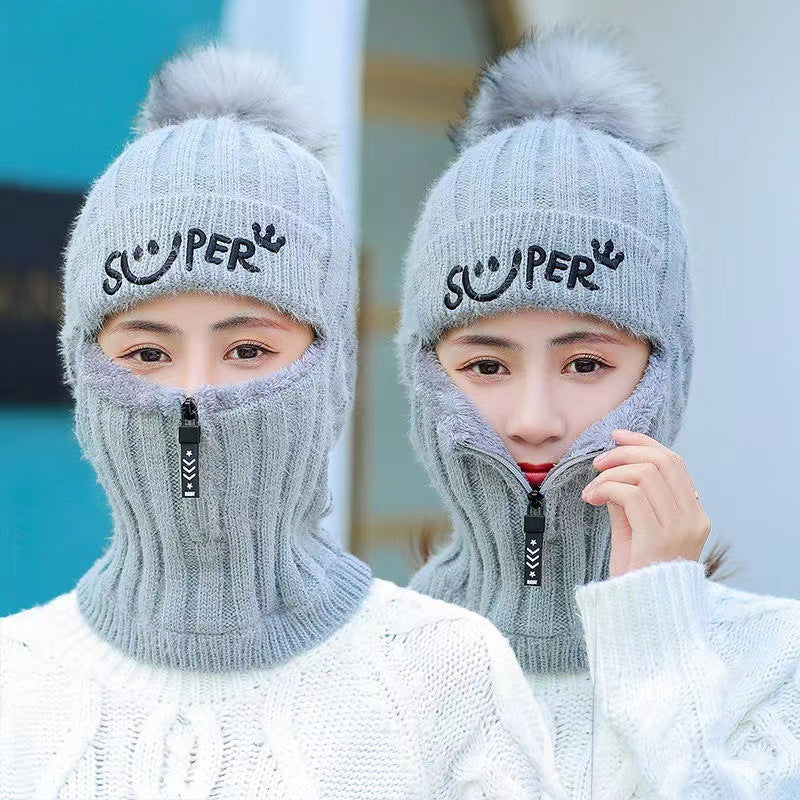 Women's Winter Knitted Hat Cold Weather Face Mask Neck Warmer Pom Beanie