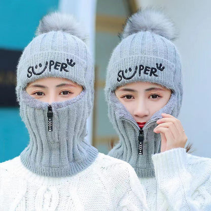 Women's Winter Knitted Hat Cold Weather Face Mask Neck Warmer Pom Beanie