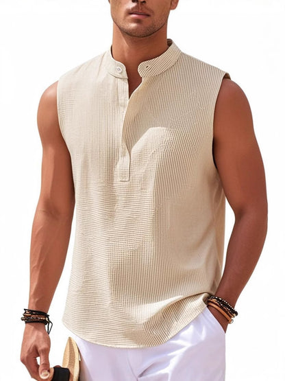 Men's Sleeveless Stand Collar Henley Shirt, Casual Tank Top