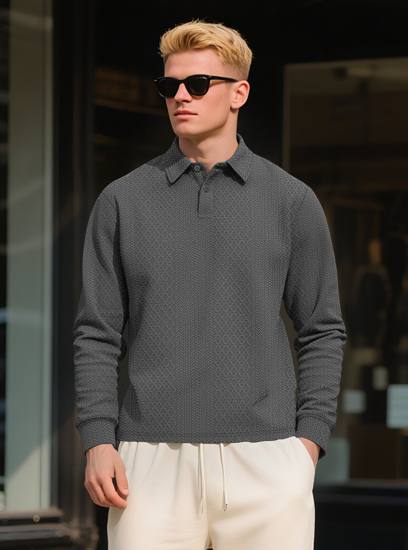 Autumn Essential Men's Jacquard Polo - Oversized Solid Color Quarter Button Long Sleeve