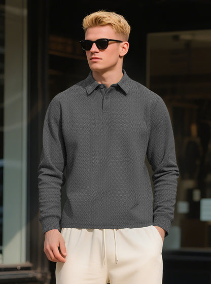Autumn Essential Men's Jacquard Polo - Oversized Solid Color Quarter Button Long Sleeve