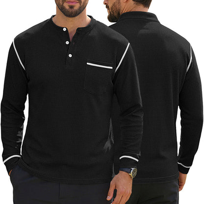 Men's Waffle-Knit Henley Long Sleeve Shirt - Casual Slim Fit Tops with Contrast Trim
