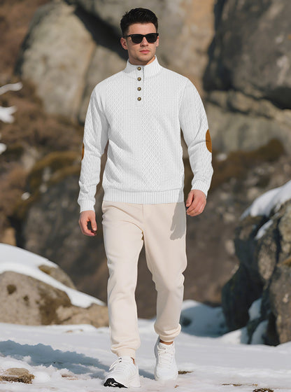 Men's Quarter-Zip Jacquard Sweater - Long Sleeve Mock Neck Pullover with Elbow Patches