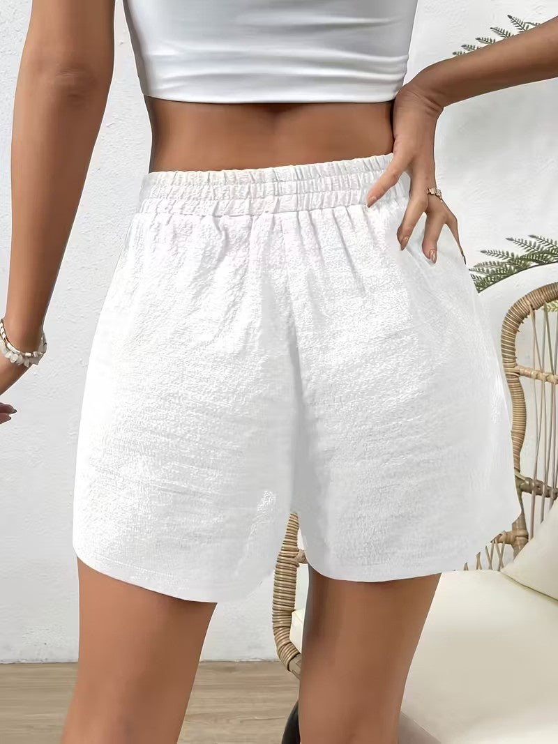 Women's Elastic Waist Casual Shorts - Summer Lightweight Breathable Solid Color, Faux Drawstring, Relaxed Fit Soft Lounge Outdoor Wear