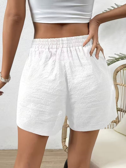 Women's Elastic Waist Casual Shorts - Summer Lightweight Breathable Solid Color, Faux Drawstring, Relaxed Fit Soft Lounge Outdoor Wear