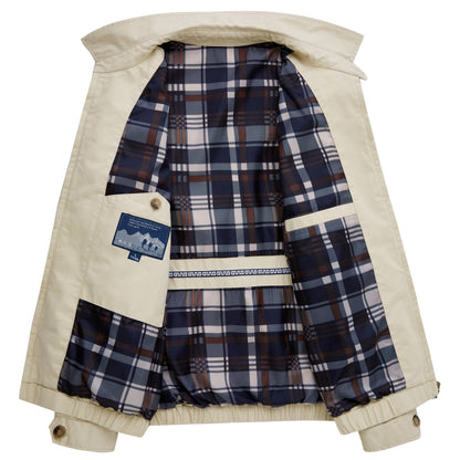 Men's Cotton Utility Jacket Spring & Fall Casual Solid Color Loose Fit Workwear Style Coat with Plaid Lining