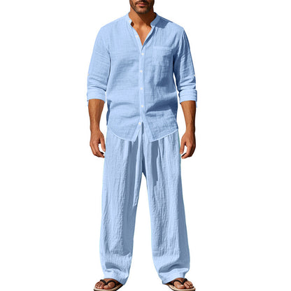 Men's Linen Blend 2-Piece Outfit, Stand Collar Roll-Up Sleeve Shirt & Wide Leg Pants Casual Set