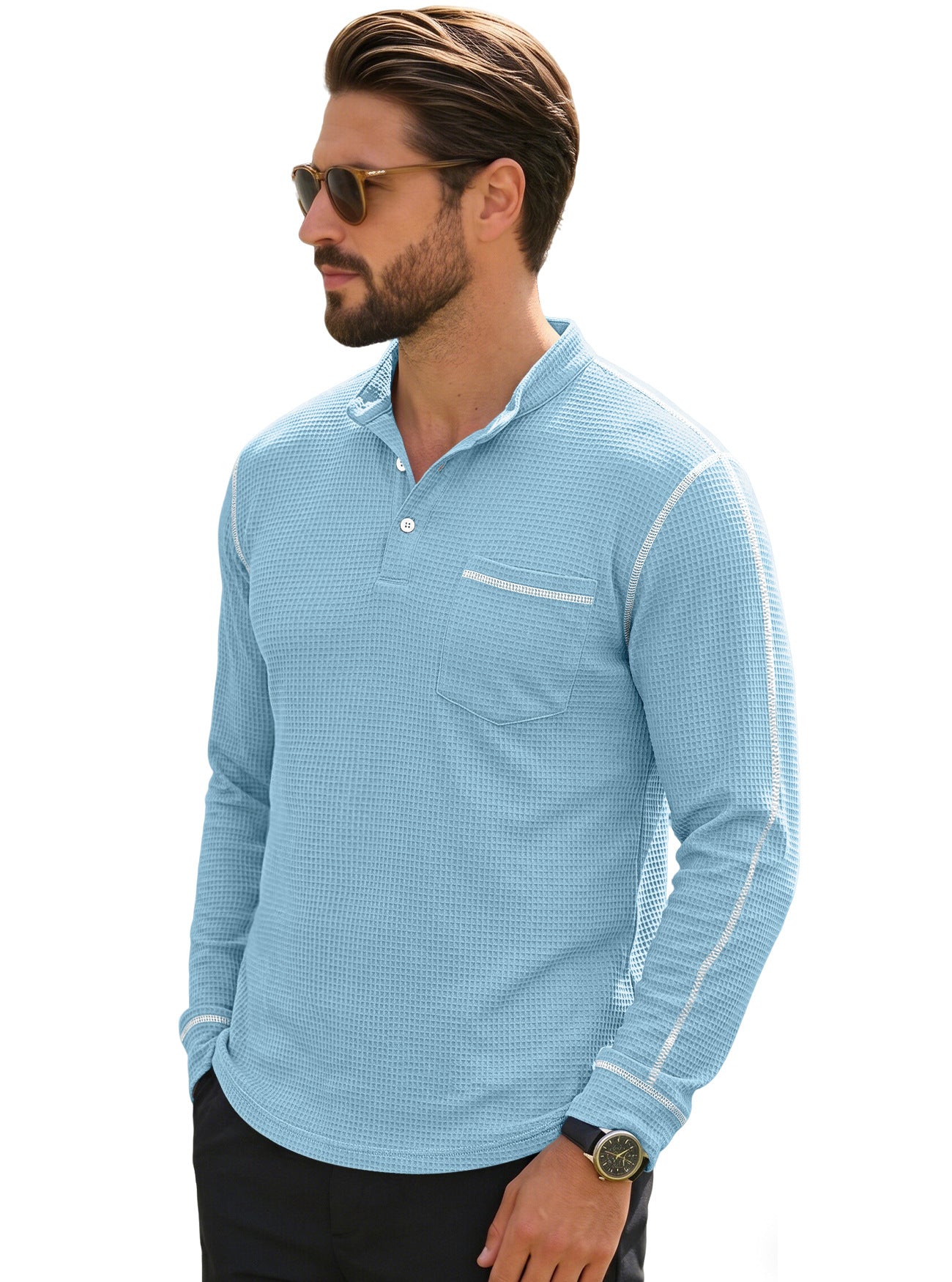 Men's Waffle-Knit Henley Long Sleeve Shirt - Casual Slim Fit Tops with Contrast Trim