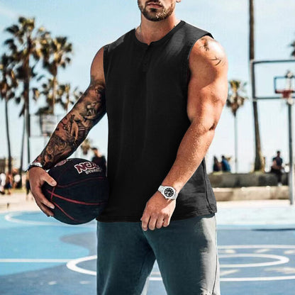 Men Henley Sleeveless Tank Top Quick Dry Gym Workout Shirt