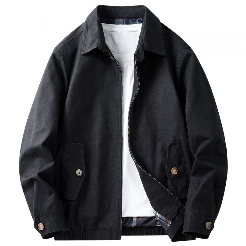 Men's Cotton Utility Jacket Spring & Fall Casual Solid Color Loose Fit Workwear Style Coat with Plaid Lining