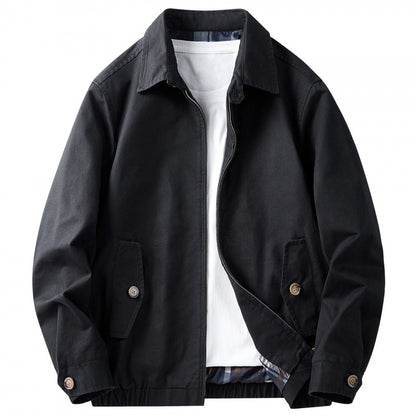 Men's Cotton Utility Jacket Spring & Fall Casual Solid Color Loose Fit Workwear Style Coat with Plaid Lining
