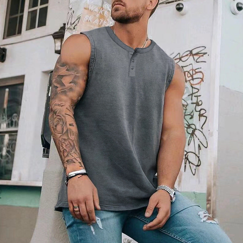 Men Henley Sleeveless Tank Top Quick Dry Gym Workout Shirt