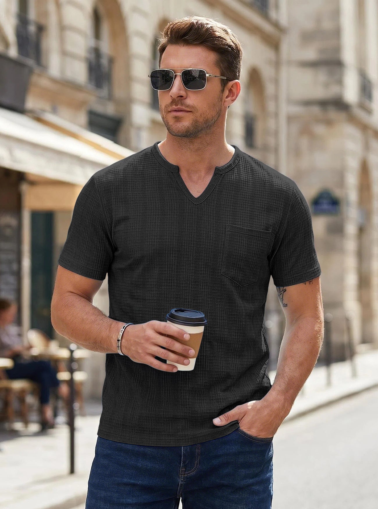 Men's Summer Henley T-Shirt - Slim Fit Linen-Like Breathable Casual Tee