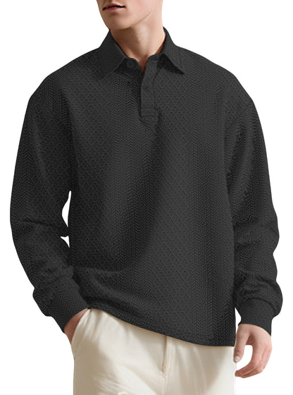 Autumn Essential Men's Jacquard Polo - Oversized Solid Color Quarter Button Long Sleeve