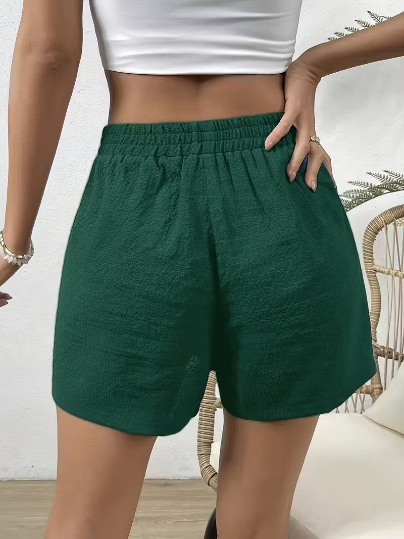Women's Elastic Waist Casual Shorts - Summer Lightweight Breathable Solid Color, Faux Drawstring, Relaxed Fit Soft Lounge Outdoor Wear