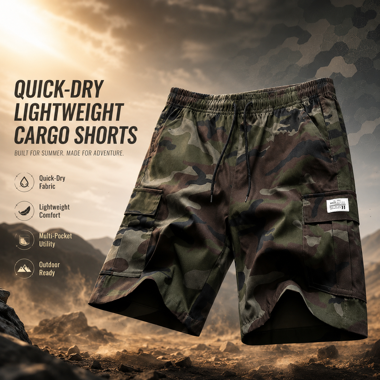 Men's Camo Cargo Shorts — Quick-Dry Lightweight Summer Shorts with 4 Pockets