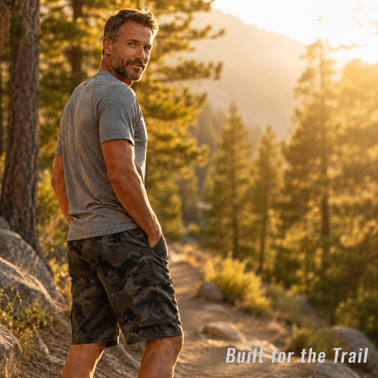 Man wearing camo cargo shorts hiking on forest trail summer