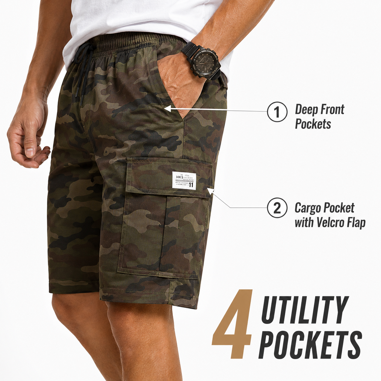 Camo cargo shorts 4 pocket detail - front and cargo pockets labeled