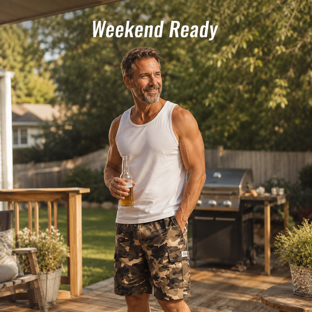 Man in camo cargo shorts casual backyard weekend summer