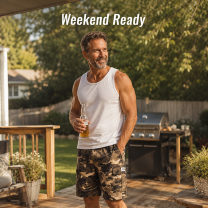Man in camo cargo shorts casual backyard weekend summer