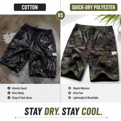 Cotton vs quick-dry polyester fabric comparison shorts