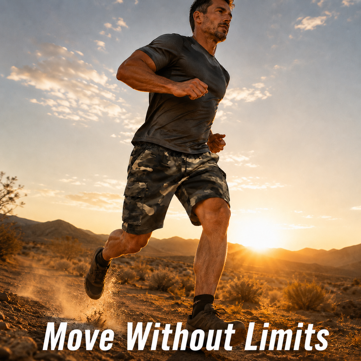 Trail running in lightweight camo cargo shorts desert sunrise