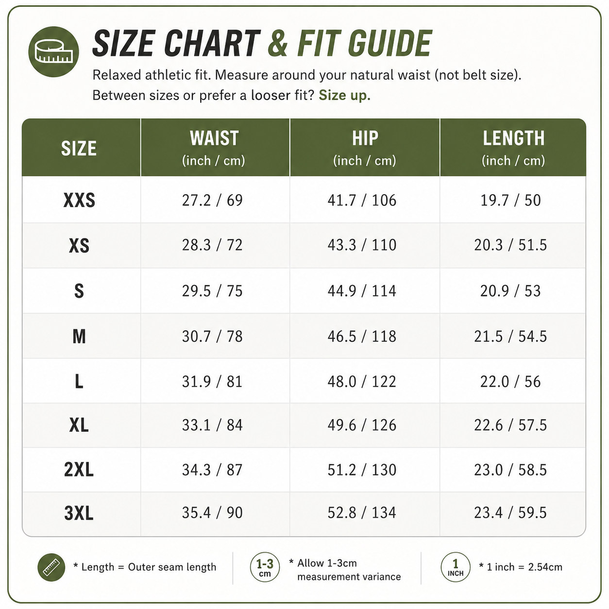Camo cargo shorts size chart measurements waist hip length