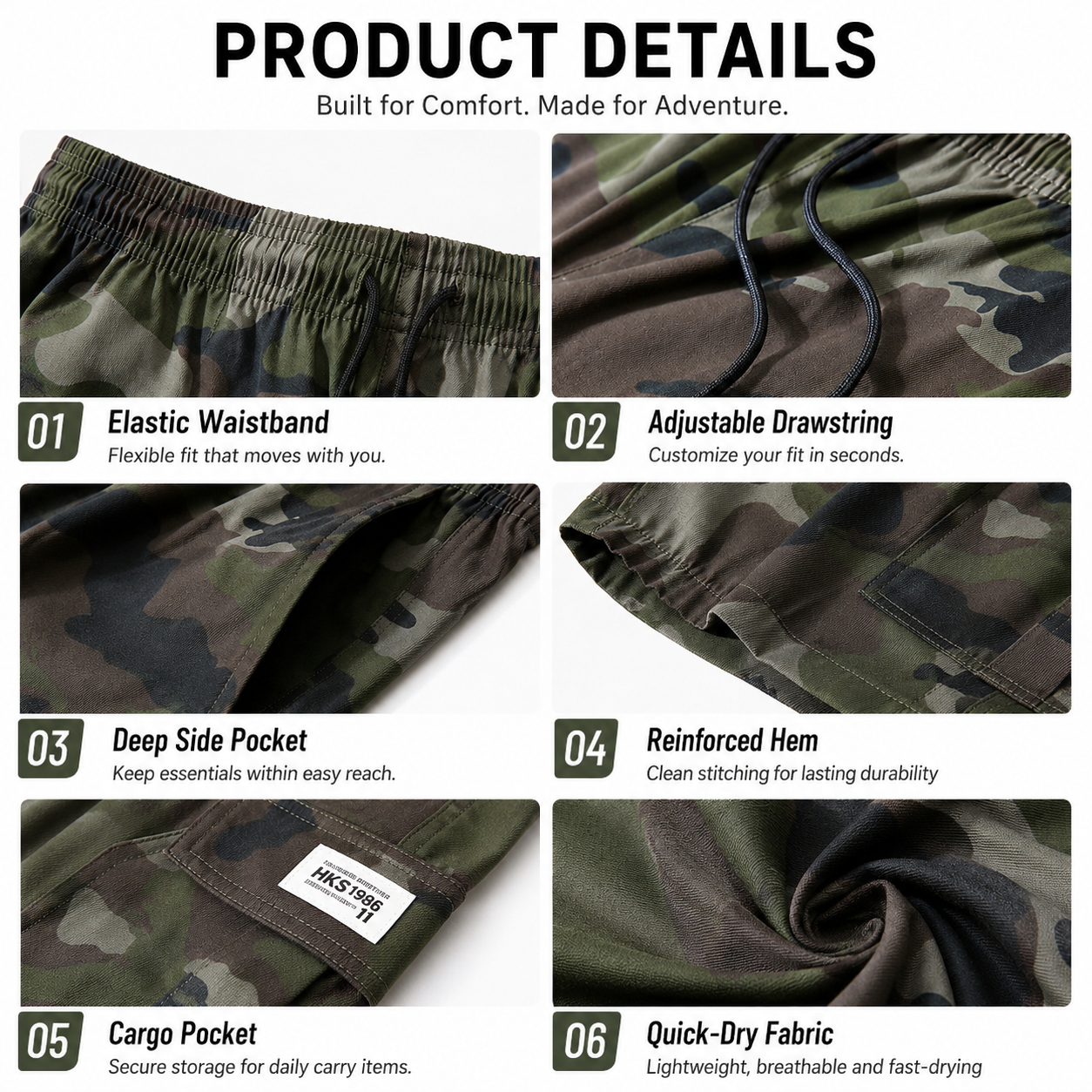 Adjustable drawstring waist elastic camo cargo shorts detail