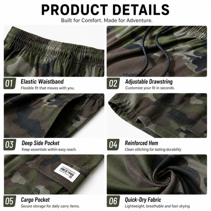 Adjustable drawstring waist elastic camo cargo shorts detail