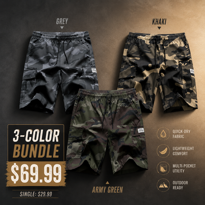 Men's camo cargo shorts in grey khaki army green - 3 color bundle