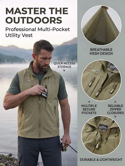 Men's Full Zip Sleeveless Quick Dry Vest, Multi Pockets Outdoor Fishing Golf Vest
