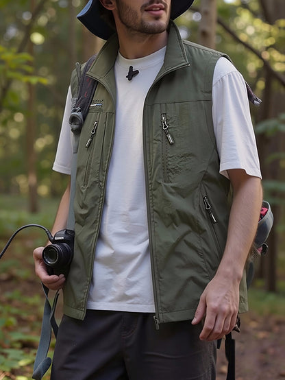 Men's Full Zip Sleeveless Quick Dry Vest, Multi Pockets Outdoor Fishing Golf Vest