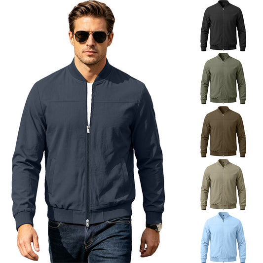 Men's Classic 100% Cotton Bomber Jacket with Two-Way Zipper