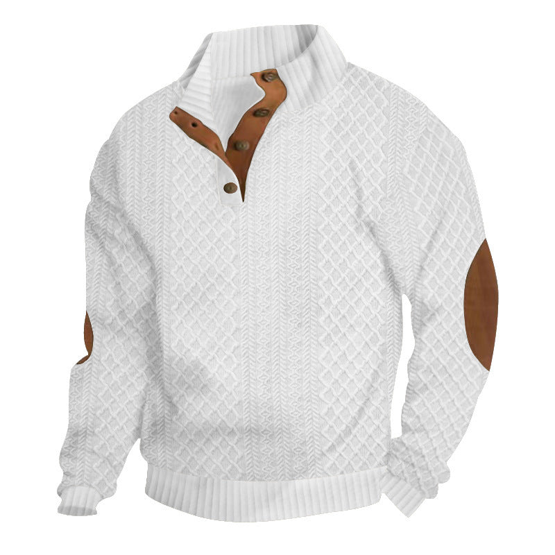Men's Quarter-Button Jacquard Sweater - Long Sleeve Mock Neck Pullover with Elbow Patches
