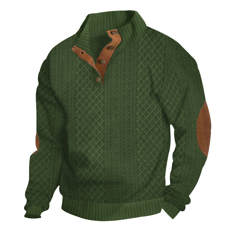 Men's Quarter-Button Jacquard Sweater - Long Sleeve Mock Neck Pullover with Elbow Patches