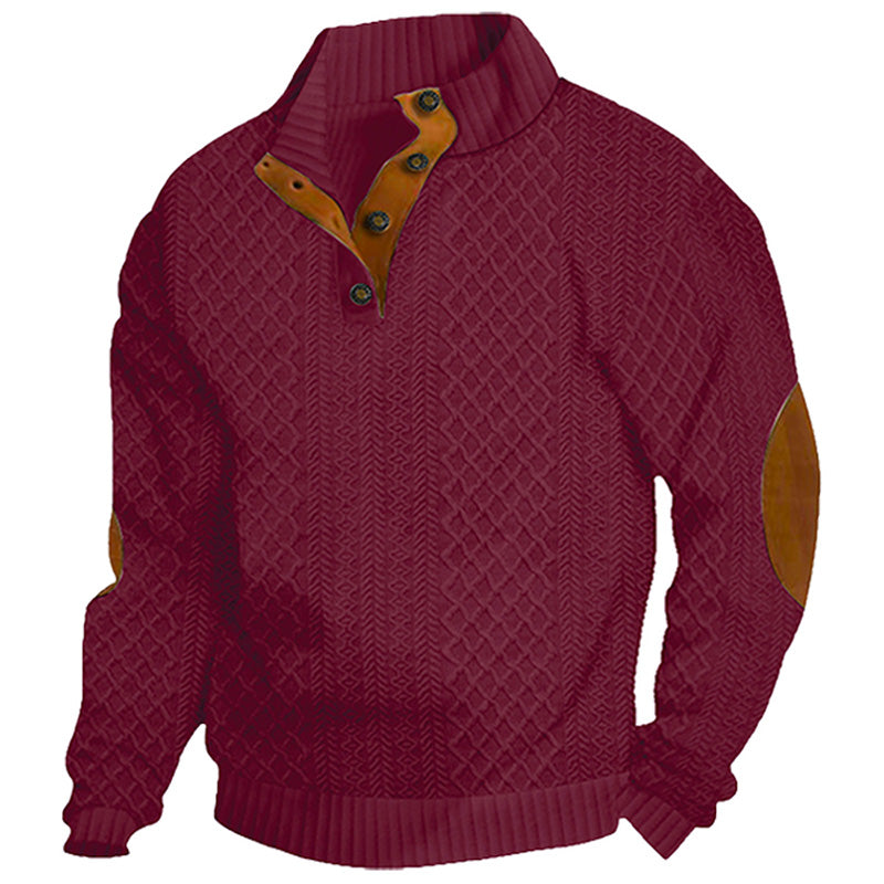 Men's Quarter-Button Jacquard Sweater - Long Sleeve Mock Neck Pullover with Elbow Patches