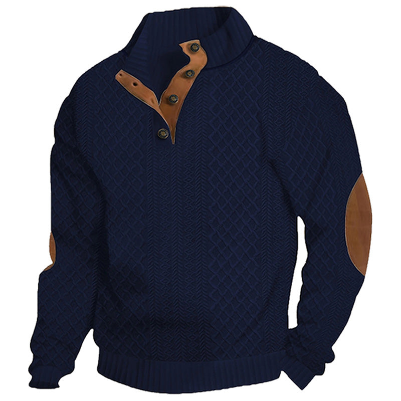 Men's Quarter-Button Jacquard Sweater - Long Sleeve Mock Neck Pullover with Elbow Patches