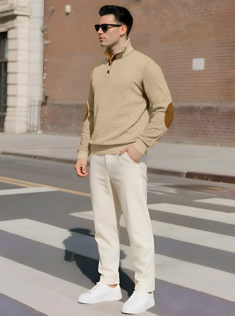 Men's Quarter-Button Jacquard Sweater - Long Sleeve Mock Neck Pullover with Elbow Patches