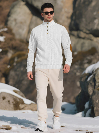 Men's Quarter-Button Jacquard Sweater - Long Sleeve Mock Neck Pullover with Elbow Patches