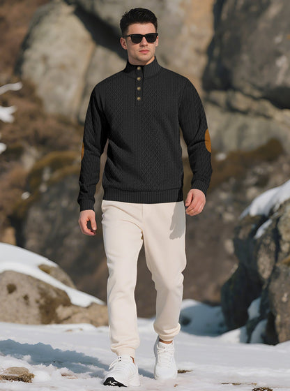 Men's Quarter-Button Jacquard Sweater - Long Sleeve Mock Neck Pullover with Elbow Patches