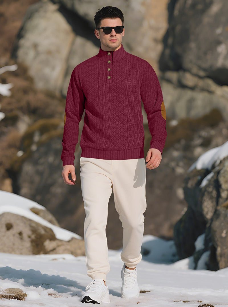 Men's Quarter-Button Jacquard Sweater - Long Sleeve Mock Neck Pullover with Elbow Patches