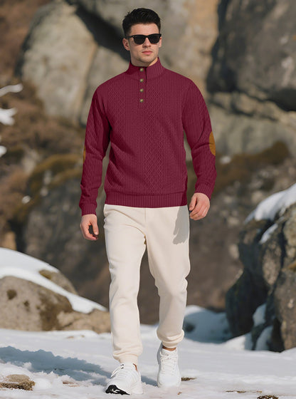 Men's Quarter-Button Jacquard Sweater - Long Sleeve Mock Neck Pullover with Elbow Patches