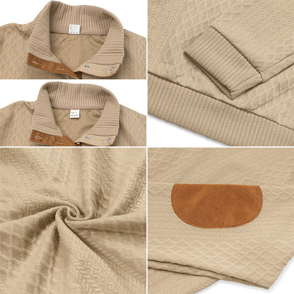 Men's Quarter-Button Jacquard Sweater - Long Sleeve Mock Neck Pullover with Elbow Patches