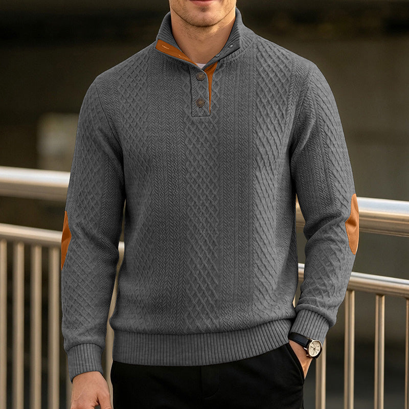 Men's Quarter-Button Jacquard Mock Neck Sweater