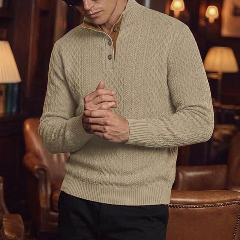 Men's Quarter-Button Jacquard Mock Neck Sweater