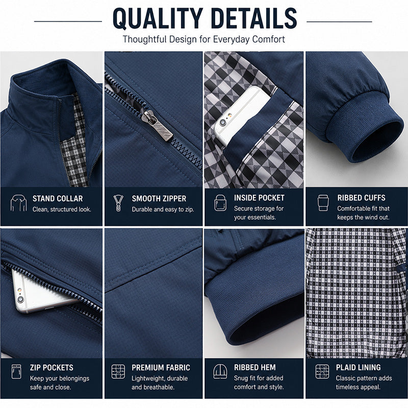 Men's Lightweight Casual Bomber Jacket with Stand Collar