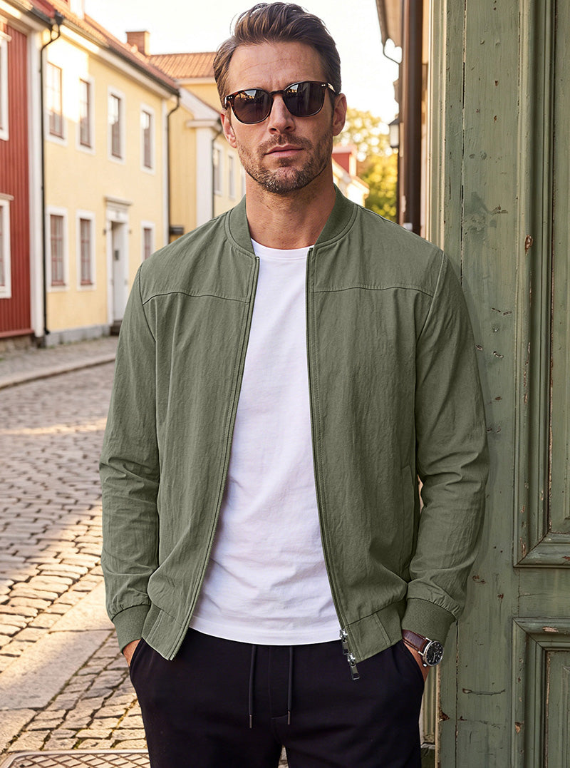 Men's Classic 100% Cotton Bomber Jacket – Lightweight Zip-Up Casual Flight Jacket