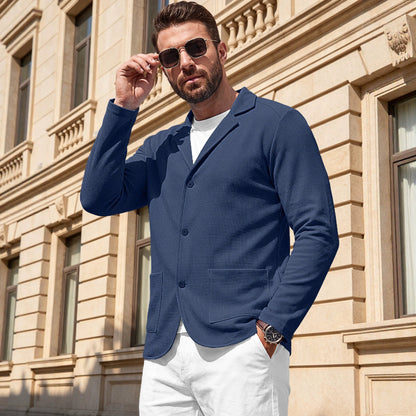 Men's Waffle-Knit Cardigan Jacket — Notch Lapel & Patch Pockets