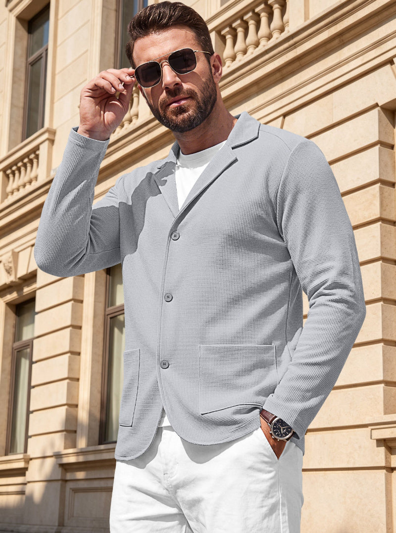 Men's Waffle-Knit Cardigan Jacket — Notch Lapel & Patch Pockets