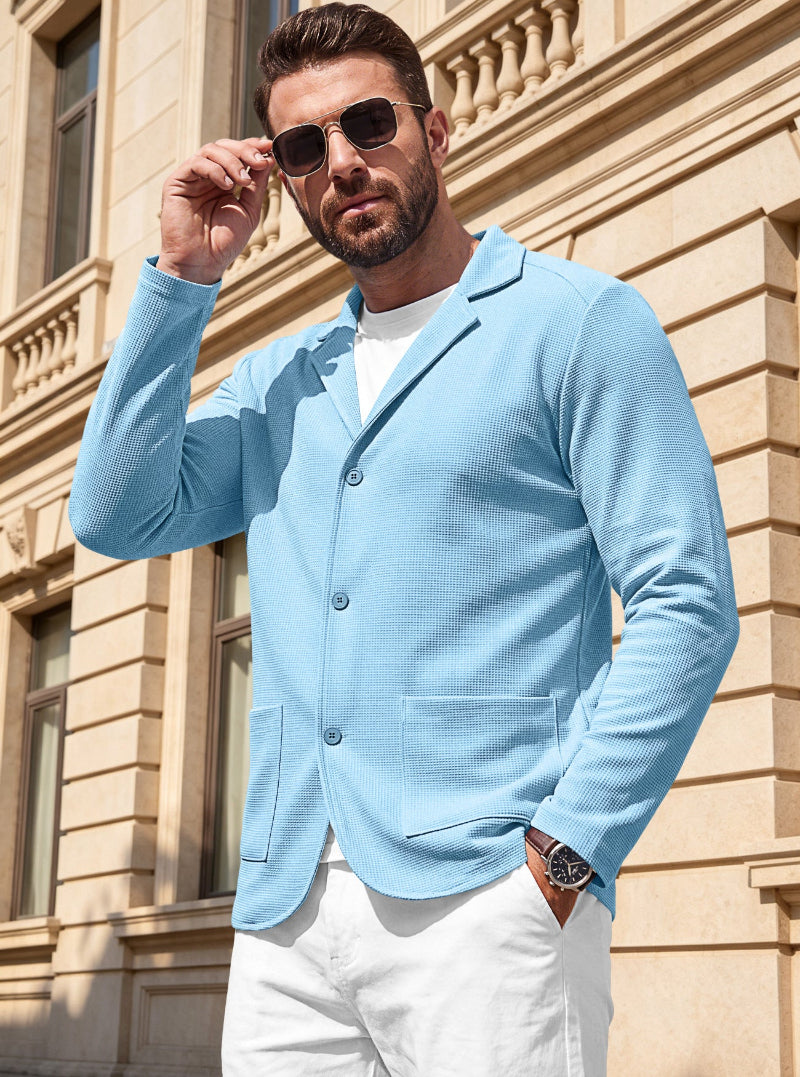 Men's Waffle-Knit Cardigan Jacket — Notch Lapel & Patch Pockets
